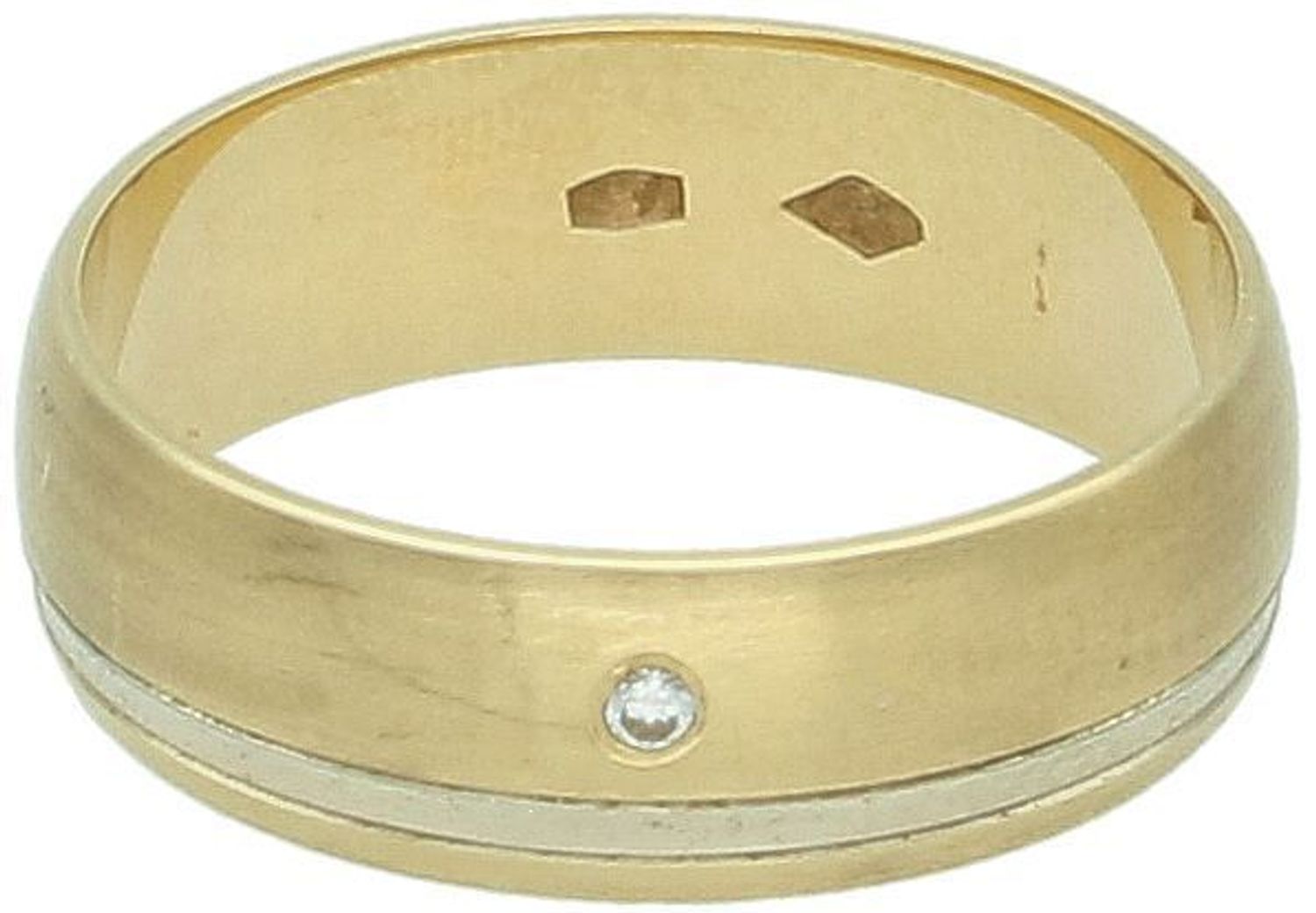 Złota obrączka damska półokrągła 6 mm – Matowa z białym paskiem i cyrkonią  Rozmiar 16.jpg